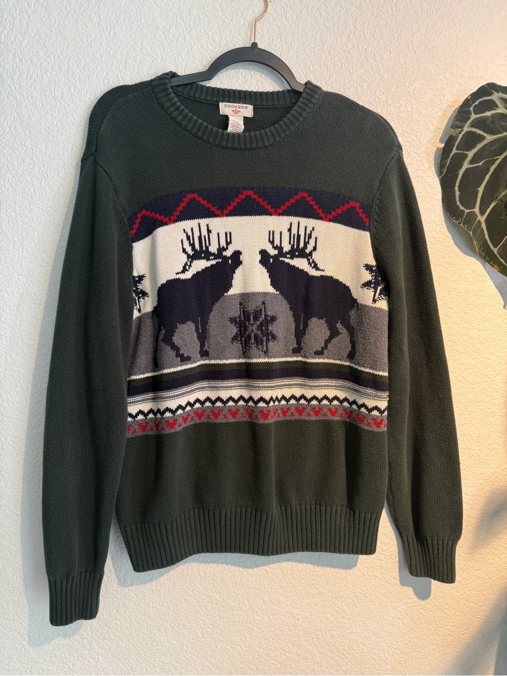 Dockers Men’s Green Reindeer Fair Isle Christmas Sweater Forest Green